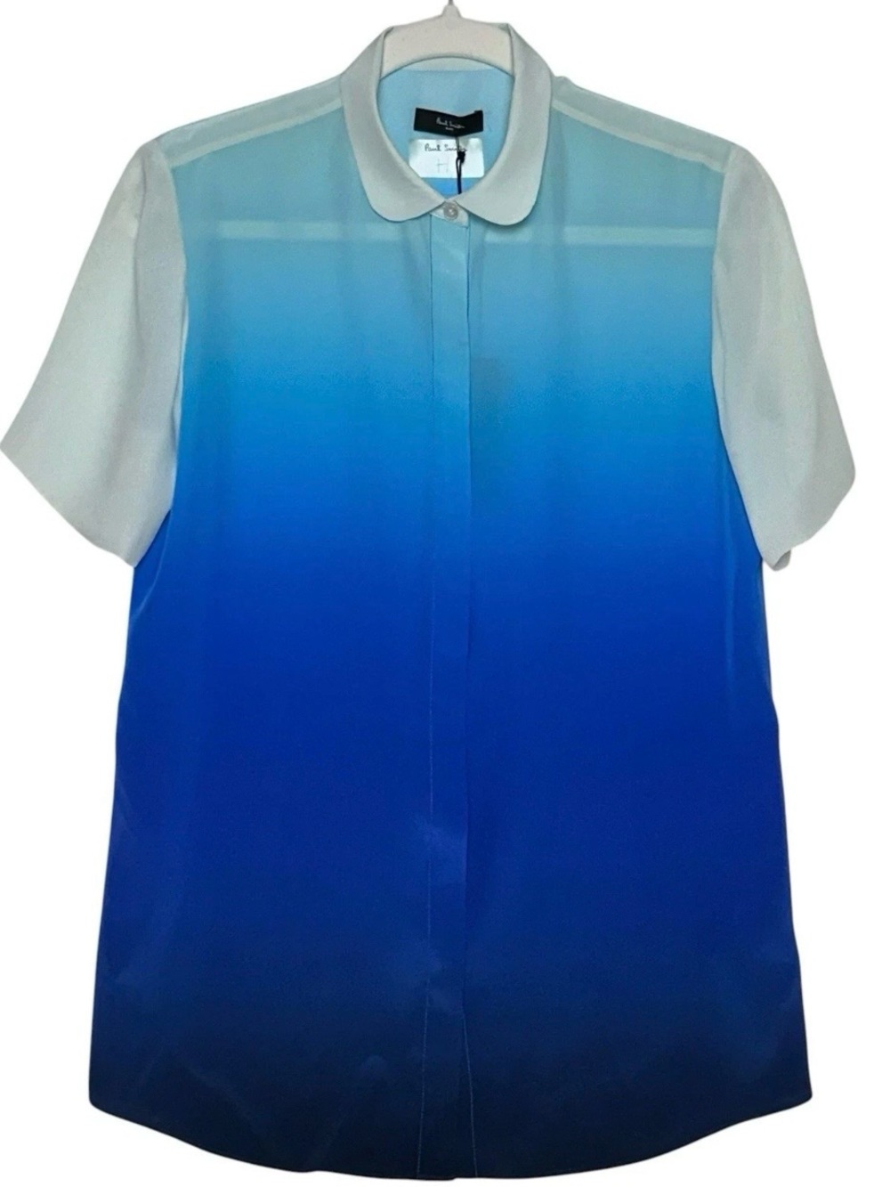 Paul Smith Gradient Ombré Blue Short-Sleeve Sheer Silk Button Up Flowy Edgy Chic